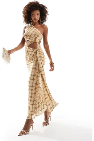 ASOS – Asymmetrisches Netzstoff-Midikleid in kariertem Gelb mit One-Shoulder-Träger und langen Bindebändern