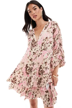 Y.A.S – Gerafftes Plissee-Minikleid mit rosa Blumenmuster, voluminösen Ärmeln und tiefem V-Ausschnitt am Rücken