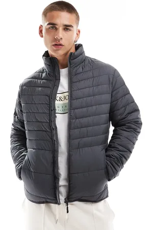 JACK & JONES – Verstaubare, wattierte Jacke in Dunkelgrau mit Stehkragen
