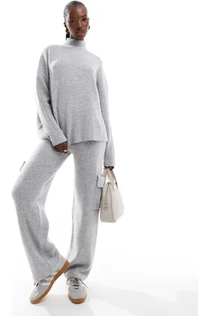 Aria Cove – Cargohose aus Strick in Hellgrau mit weitem Bein und Taschendetail, Kombiteil