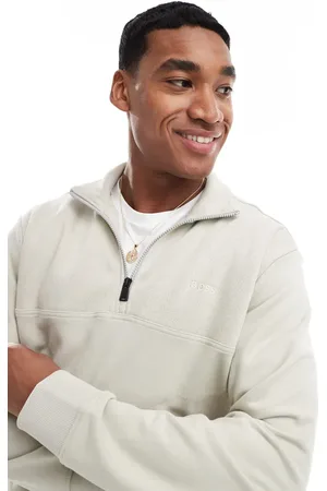 HUGO BOSS – Sweatshirt in Beige mit kurzem Reißverschluss und strukturierten Einsätzen