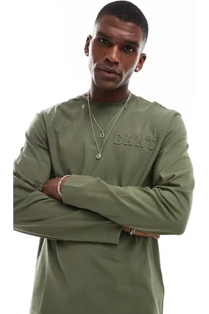 GANT – Langärmliges Shirt in Khaki mit geprägtem, farblich abgestimmtem Logo