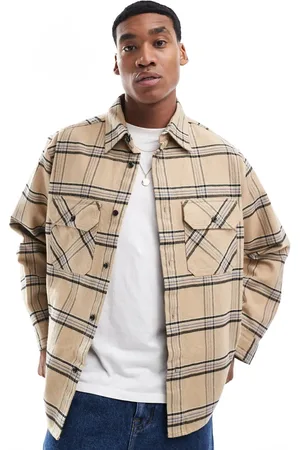 Hugo Blue – Ebolt – Kariertes Oversize-Hemd in Beige und Blau aus Flanell