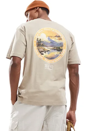Only & Sons – Oversize-T-Shirt in Beige mit Mount-Fuji-Print hinten