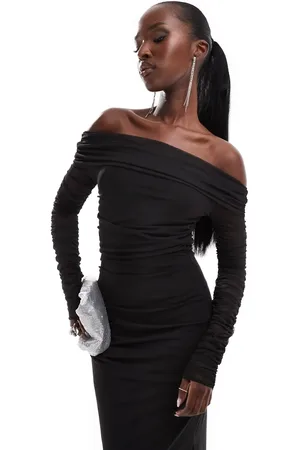 Flounce London – Maxikleid mit Carmen-Ausschnitt und Raffung aus Netzstoff- und Jerseymix in