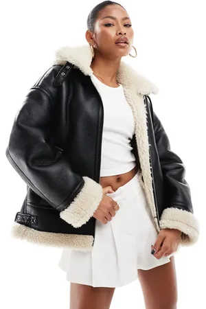 Aria Cove – Jacke aus Kunstleder in mit Kapuze und Lammfellimitat in Creme