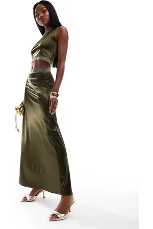 ASOS – Elastischer Satin-Maxirock in Khaki mit Spitzenbesatz und Schwalbenschwanz, Kombiteil
