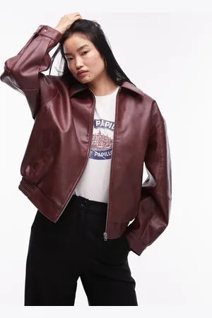 Topshop – Oversize-Bomberjacke aus Kunstleder in Weinrot