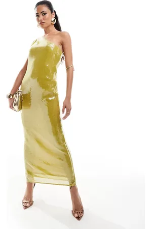 ASOS – Durchsichtiges Midikleid in Hellgrün mit Pailletten und One-Shoulder-Träger