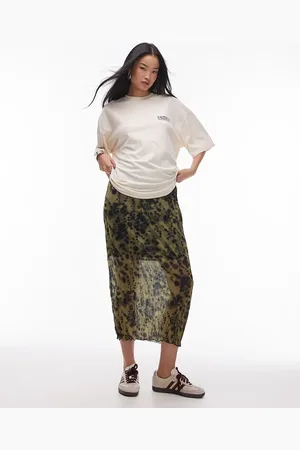 Topshop – Wadenlanger Jersey-Rock mit grünem, verwischtem Print und Knitterstruktur