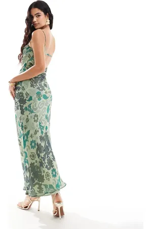 ASOS – Maxikleid mit Bias-Cut, Wasserfallausschnitt, ausgefranstem Spitzendetail und abstraktem Gobelin-Muster