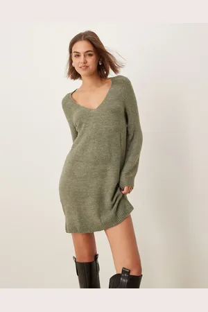 JDY – Mini-Strickkleid in Dunkelgrün mit V-Ausschnitt