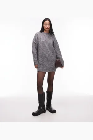 Topshop – Mini-Strickkleid in Grau mit Oversize-Schnitt und Rauten-Zopfmuster