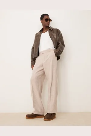 ASOS – Elegante Hose aus Wollmischgewebe in Steinbeige mit weitem Bein und Fischgrätmuster
