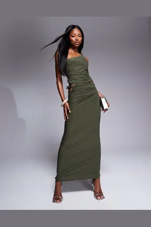 ASOS – Anschmiegsamer Maxirock in Khaki mit geradem Schnitt, Zierausschnitt und silbernem Kettendetail, Kombiteil