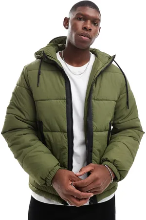 ASOS – Pufferjacke aus Nylon in Khaki mit farblich abgesetzten Besatz