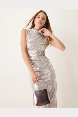 VILA – Ärmelloses Midikleid mit silbernem Print und Trichterausschnitt