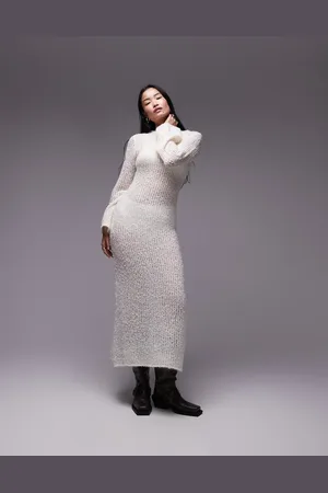 Topshop – Maxikleid aus offenem Bouclé-Strick in Elfenbein