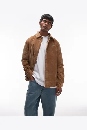 Lacoste – Cord-Hemdjacke in Beige mit Logo