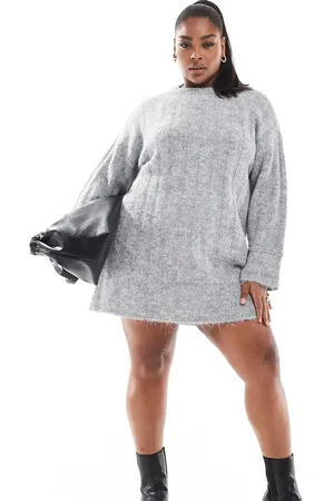 Pieces® Pieces Curve – Mini-Strickkleid in meliertem Mittelgrau mit weiten Ärmeln