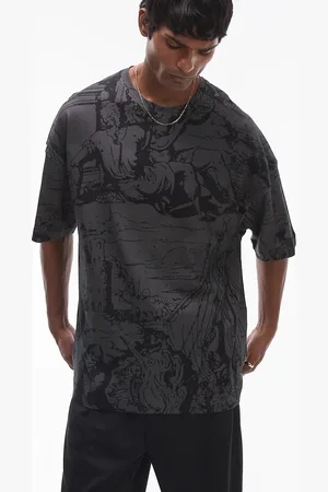 Topman – Hochwertiges, schweres Super-Oversize-T-Shirt in verwaschenem mit mittelalterlichem Szenenprint auf Vorder- und Rückseite