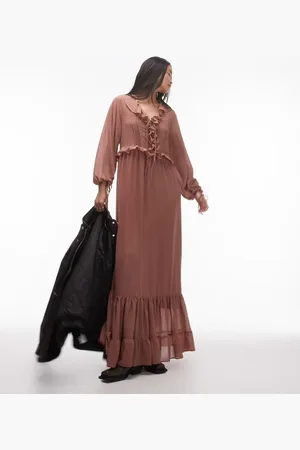 Topshop – Langärmliges Maxikleid in Gewürzfarben mit Biesendetail