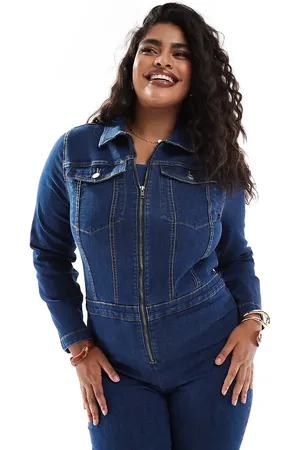 ASOS ASOS DESIGN Curve – Langärmliger Stretch-Jumpsuit im 70er-Stil in Dunkelblau