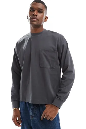 ASOS – Kastiges, langärmliges Oversize-Shirt in Anthrazit mit Stehkragen