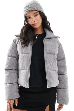 ASOS ASOS DESIGN Petite – Pufferjacke aus Strickgewebe in Anthrazit mit Cord-Kragen