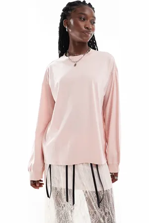 Monki – Langärmliges Oversize-Oberteil aus schwerem Material in verwaschenem Pfirsich