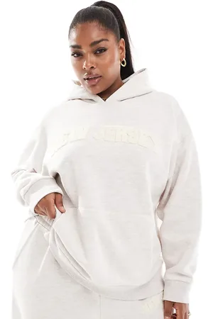 ASOS ASOS DESIGN Curve – Oversize-Kapuzenpullover in meliertem Hellbeige mit „New Jersey“-Motiv aus Chenille, Kombiteil