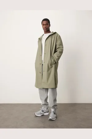 ASOS – Gummierter Trenchcoat in Khaki mit Kapuze