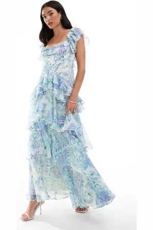 ASOS – Gestuftes Maxikleid in Blau mit Rüschen, tiefer Taille und Blumenmuster