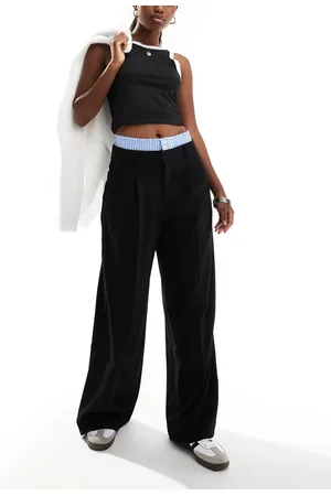 Bershka – Elegante Hose in Schwarz und Blau mit weitem Schnitt und gestreiftem Bund