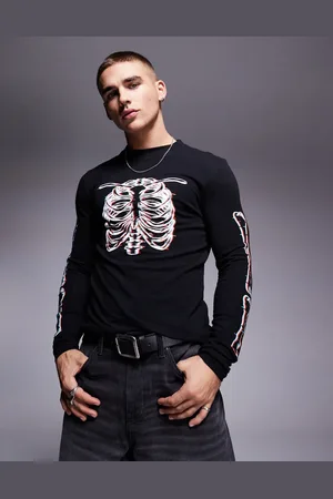 ASOS – Langärmliges, körperbetontes Shirt in mit Halloween-Print auf der Vorderseite und den Ärmeln