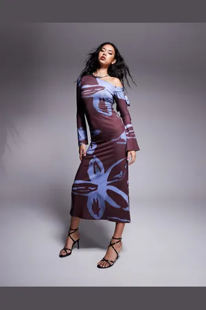 ASOS – Wadenlanges Kleid mit verwischtem Blumenmuster und abfallender Schulterpartie mit Bindeband