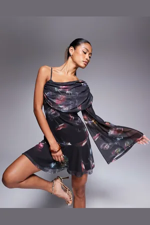 ASOS – Netzstoff-Minikleid mit asymmetrischer Drapierung, einem Ärmel und verschwommenem Blumenmuster