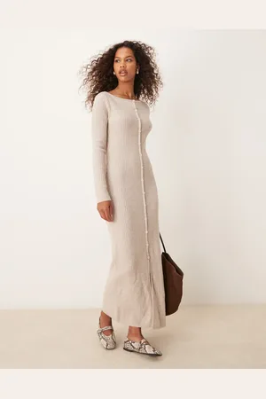 Abercrombie & Fitch – Langärmliges Maxi-Strickkleid in Hellbeige mit durchgehender Knopfleiste