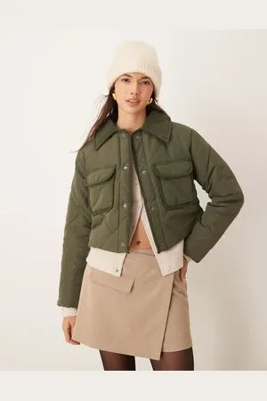 JDY – Kurzer Steppmantel in Khaki mit Cord-Details