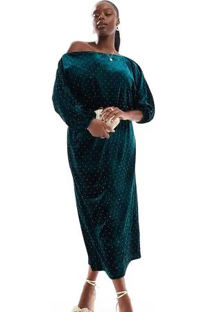 Never Fully Dressed – Tilly – Schulterfreies Midaxi-Kleid aus Samt in Smaragdgrün