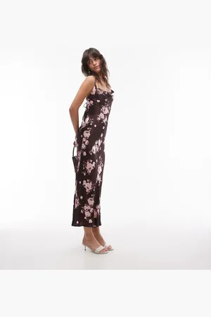 Topshop – Midi-Trägerkleid in Burgunderrot mit Wasserfallausschnitt und Blumenmuster