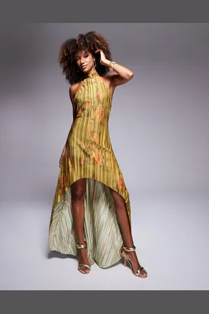 ASOS – Plissee-Maxikleid mit Neckholder, asymmetrischem Saum und Blumenmuster