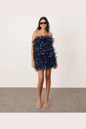 ASOS – Trägerloses Minikleid mit Paillettenfransen in Marineblau