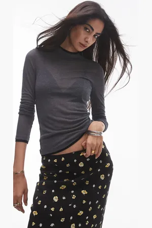 Topshop – Hochwertiges, langärmliges Basic-Oberteil in transparentem, meliertem Dunkelgrau mit Stehkragen und farblich abgesetztem Rand