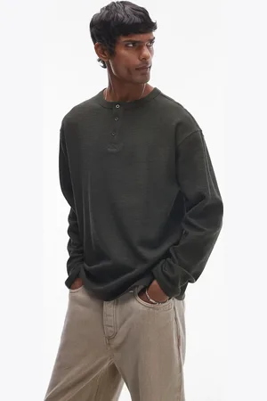 Topman – Schweres, strukturiertes Henley-T-Shirt in Khaki in Oversize-Optik