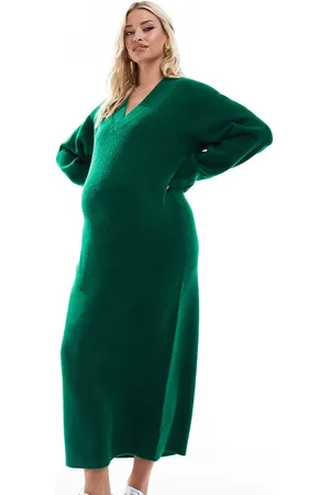 ASOS ASOS DESIGN Maternity – Midaxi-Strickkleid in Dunkelgrün mit V-Ausschnitt