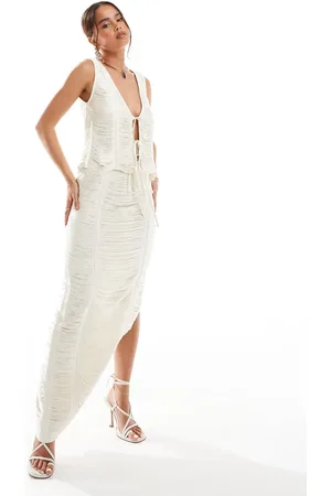 ASOS – Hochwertiger Maxirock in Creme mit Fransen, Kombiteil
