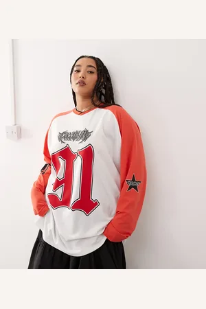 COLLUSION Plus – Langärmliges Oversize-Shirt in Rot und Ecru mit „91“-Vintage-Print