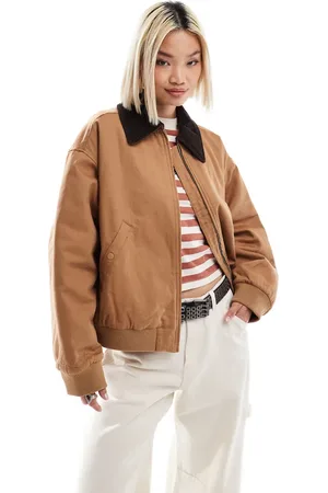 Monki – Barn-Jacke in Hellbraun mit Reißverschluss und farblich abgesetztem Cord-Kragen