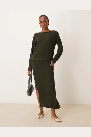 JDY – Gerippter Midirock in Khaki, Kombiteil